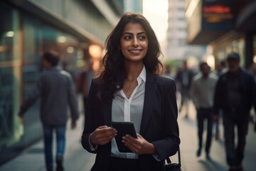 Happy and busy Indian businesswoman in professional office holds mobile phone in hand. Walk and call about company business and talk on the mobile phone.