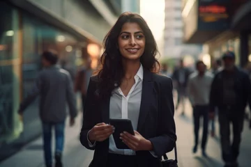 Fotobehang Happy and busy Indian businesswoman in professional office holds mobile phone in hand. Walk and call about company business and talk on the mobile phone. © ORG