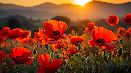 A photo of blooming poppies, with vibrant red petals as the background, during a Tuscan sunrise