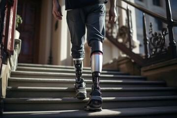 Close-up of a physically disabled man with a disability on the stairs People with disabilities in daily life