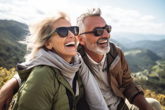 A fun adult couple enjoying a vacation with a view.