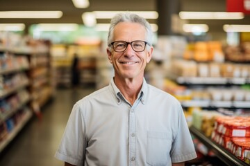 A senior grocery store owner who is proud to be running a grocery store is happy.