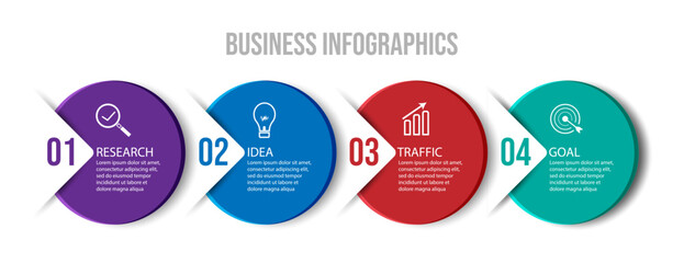 Obraz premium business infographic 4 parts or steps, there are icons, text, numbers. Can be used for presentation banners, workflow layouts, process diagrams, flow charts, info graphics, your business presentations