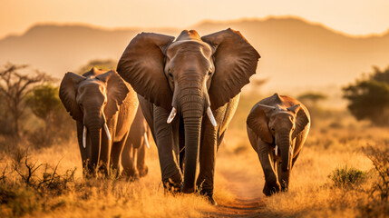 A group of elephants walking through the African savanna during golden hour.