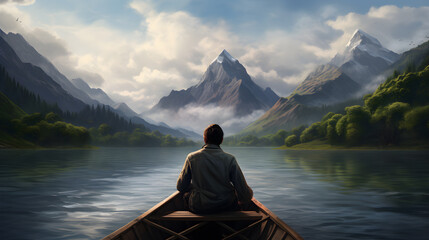 Rear view of man looking at mountain view while sitting on boat