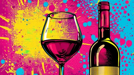 Poster Wow pop art. Wine Bottle and Glass. Vector colorful background in pop art retro comic style. Alcohol concept © Furkan