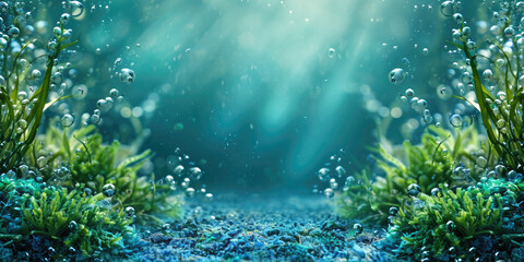 Submerged green seaweed, kelp, algae, seagrass within blue water backdrop, with scattered bubbles. Underwater flora serving as visual narrative for subaquatic, intertidal biodiversity.. Card, banner. - obrazy, fototapety, plakaty