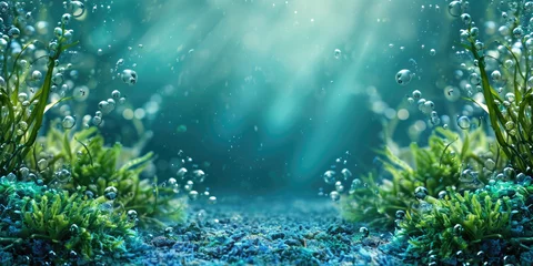 Foto op Plexiglas Submerged green seaweed, kelp, algae, seagrass within blue water backdrop, with scattered bubbles. Underwater flora serving as visual narrative for subaquatic, intertidal biodiversity.. Card, banner. © Caphira Lescante