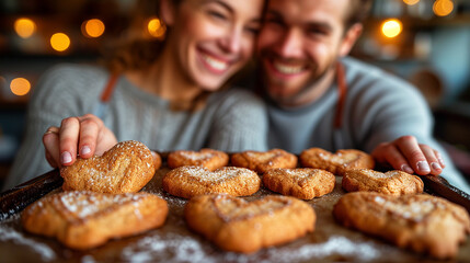 Blissful Delicacies, A Jubilant Pair Grinning Amidst a Cascade of Irresistible Doughnuts