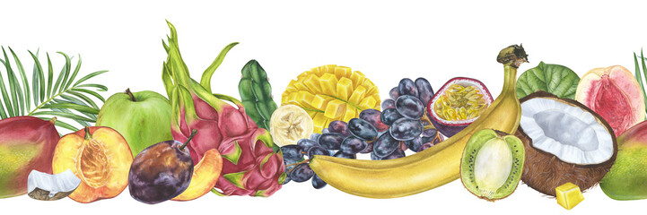 Fruits Border Watercolor illustration. Hand drawn botanical pattern on isolated background. Drawing of multifruit frame and banner template. Tropical exotic food painting for grocery store windows - obrazy, fototapety, plakaty