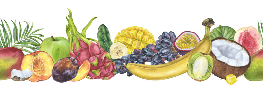 Fruits Border Watercolor illustration. Hand drawn botanical pattern on isolated background. Drawing of multifruit frame and banner template. Tropical exotic food painting for grocery store windows