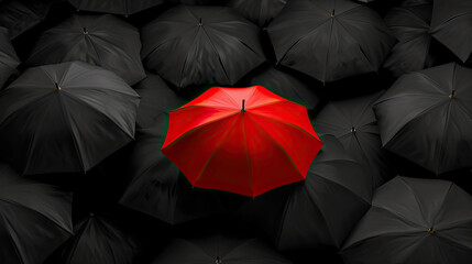 Crimson Oasis: Red Umbrella Amidst a Sea of Noir. Generative AI - obrazy, fototapety, plakaty