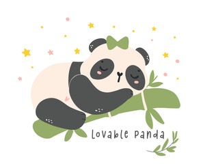 Adorable Cartoon Panda sleeping bamboo and balloons, nursery baby shower kid illustration.