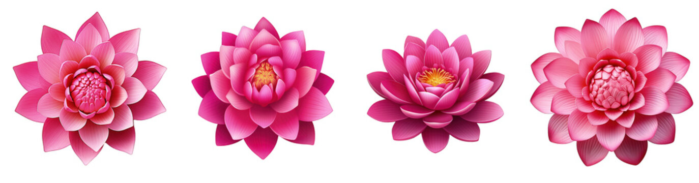 A collection of four vibrant pink lotus flowers in full bloom isolated on a transparent background