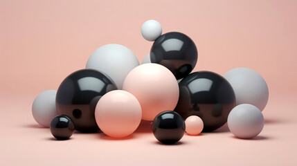 3D black and pink spheres of different sizes and transparency. Pastel colour palette. Abstract...