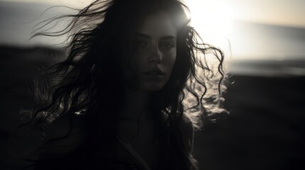 Wind brown hair woman pensive looking monochrome portrait image