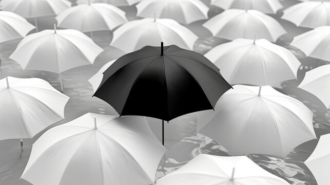 Monochrome Contrast: Black Umbrella Amidst a Sea of White. Generative AI