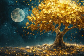 A golden Bitcoin tree with coins as leaves, shimmering under moonlight, high-resolution, artistic representation
