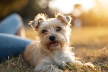 Yorkshire Terrier lying on the grass in the park. Selective focus.