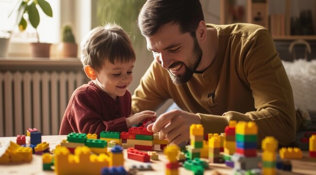 man and son play together with building blocks on the table c elta.