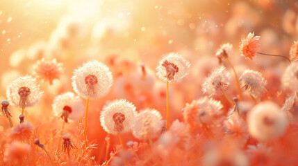 Dandelions fluttering in the wind. Illustration in trendy colors of 2024, peach fuzz. For cover backgrounds, wallpapers and other modern projects.