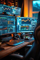 A photo of a crypto investor's home office, with multiple screens displaying live market data and trends