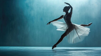 Dance of Shadows: A ballet dancer's silhouette is cast against a textured background. - obrazy, fototapety, plakaty