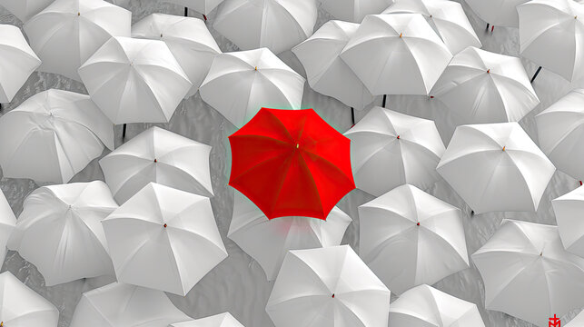 Standout Shelter: Red Umbrella Amidst a Sea of Uniformity. Generative AI