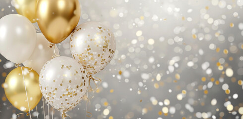 gold and white balloons against silver background.