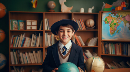 Smiling Boy in Fedora with Vintage Globes and Books - obrazy, fototapety, plakaty