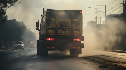 Fototapeta na wymiar Semi-Truck on Rainy Street Emitting Exhaust