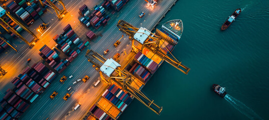 Aerial view of industrial port servicing shipping containers and cargo ships in global commerce