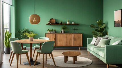 Modern living room in Scandinavian, mid-century design featuring mint-colored chairs around, Mint color chairs at round wooden dining table in room with sofa and cabinet near green wall, Ai