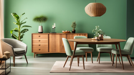 Modern dining room with table, Mint color chairs at round wooden dining table in room with sofa and cabinet near green wall, Ai generated image 