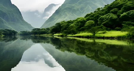 Papier Peint photo Réflexion the river is reflecting the mountains in the water