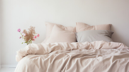 Grey and blue bedding on bed in spacious bedroom interior with ladder and plant, Pastel beige and grey bedding on bed, Ai generated image 