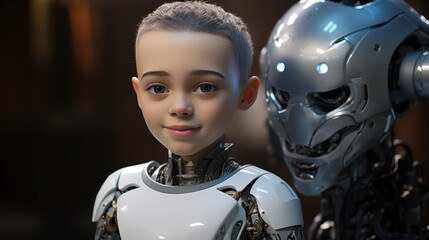 Robot and Girl with Similar Features Smiling Togethe