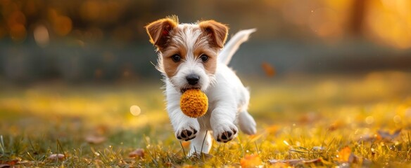 Jack Russell Terrier puppy playing with a ball in an autumn park