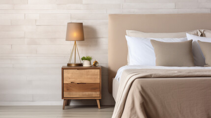Modern living room,  Wooden bedside drawer nightstand near bed with beige fabric headboard, Ai generated image