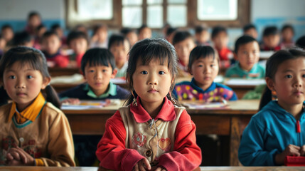 children's Chinese faces, brightly colored uniforms, and engaged expressions showcase the joy of learning. - obrazy, fototapety, plakaty