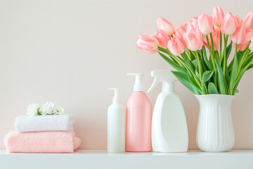 Fototapeta na wymiar one white shelf with cleaning products, next to it there are tulips in a vase. The mood of freshness and purity, peach spring shades