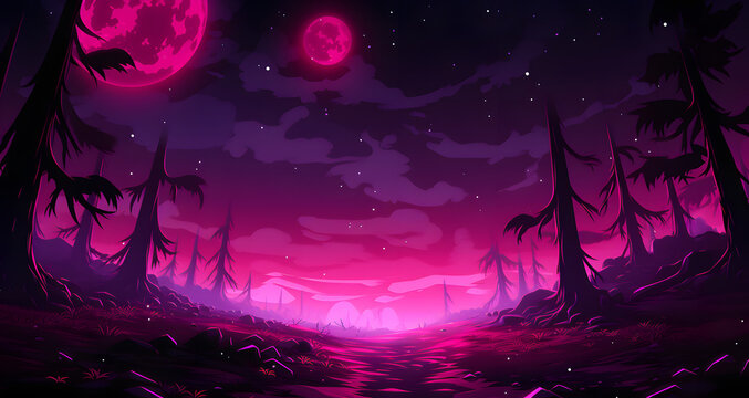 a purple forest with two bright red lights on the sky
