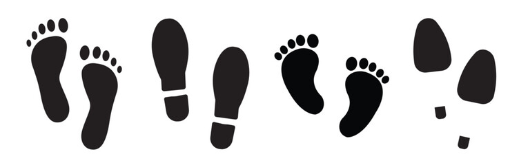 Human footprints. Shoe and bare foot print set. Flat linear design. Different human footprints. Black silhouettes on white background. Vector illustration.