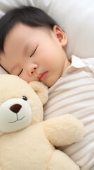 Obraz na płótnie Canvas Newborn Asian baby boy sleeping with a teddy bear. Generative AI.