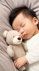 Obraz na płótnie Canvas Newborn Asian baby boy sleeping with a teddy bear. Generative AI.