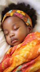 Newborn African baby girl sleeping. Generative AI.