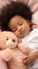 Newborn African baby girl sleeping with a teddy bear. Generative AI.