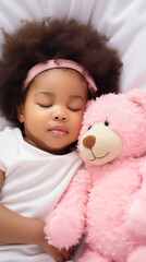 Toddler African baby girl sleeping with a teddy bear. Generative AI.