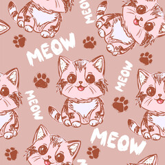 Baby seamless pattern cute cat with meow and paw. Background for kids