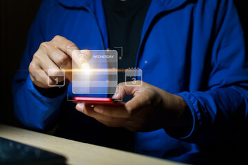 Man using daily appointment schedule with Gantt chart scheduling interface for company on virtual...